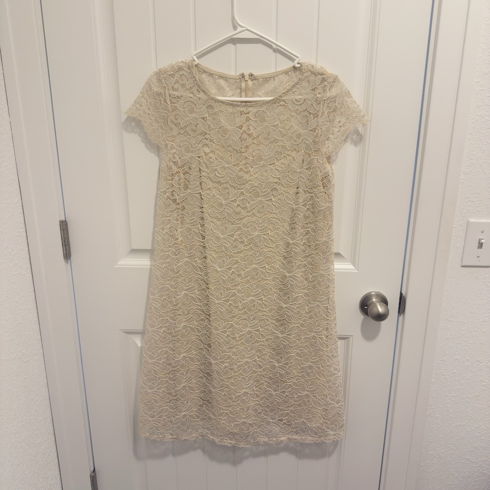 Marina Women's Cream Lace Overlay Silver Lace Special Occasion Dress Size 10